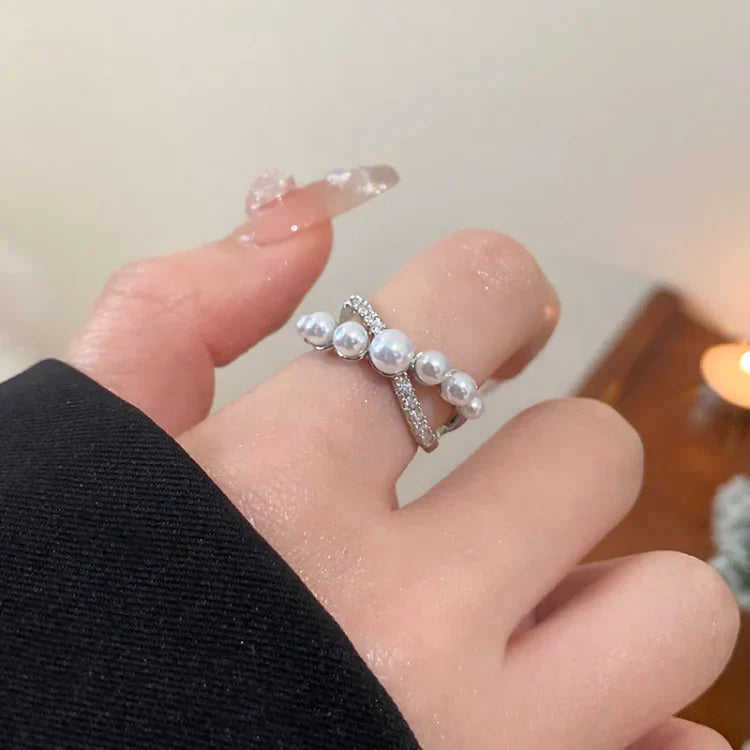 Elegant Adjustable Vintage Ring with Sparkling Zirconia and Beautiful Pearl - Isadora