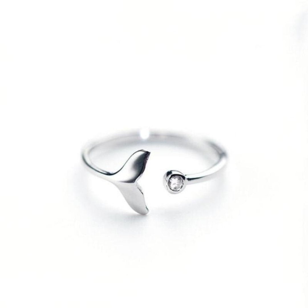 Beautiful Adjustable Ring with Silver Dolphin Tail and Sparkling Zirconia - Marinel 