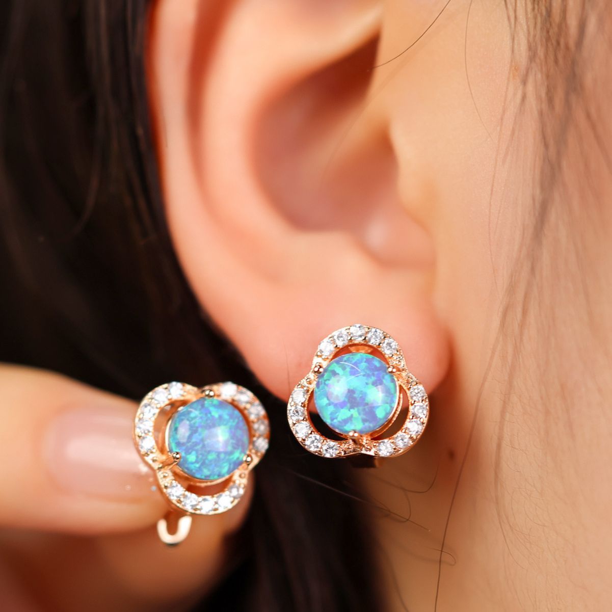 Elegant White Opal &amp; Zirconia Cloverleaf Earrings - Elara Collection
