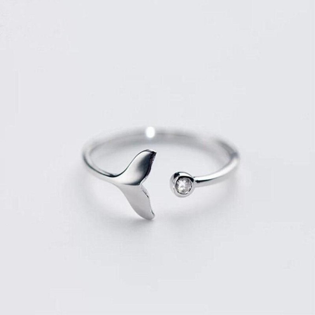 Beautiful Adjustable Ring with Silver Dolphin Tail and Sparkling Zirconia - Marinel 
