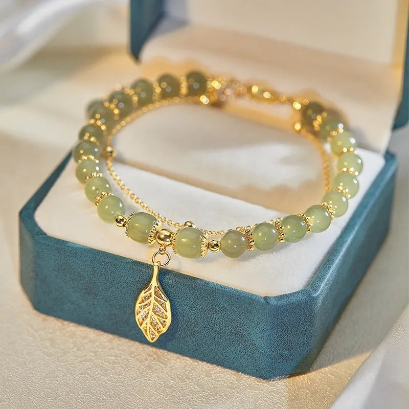 Elegant jade leaf bracelet with special leaf charm