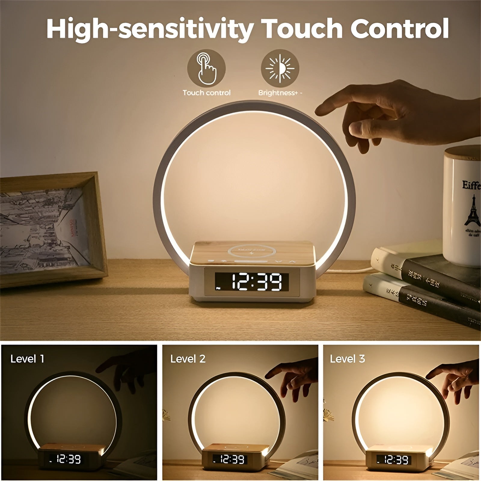 Modern Table Lamp with Wireless Charger and Alarm Clock Function