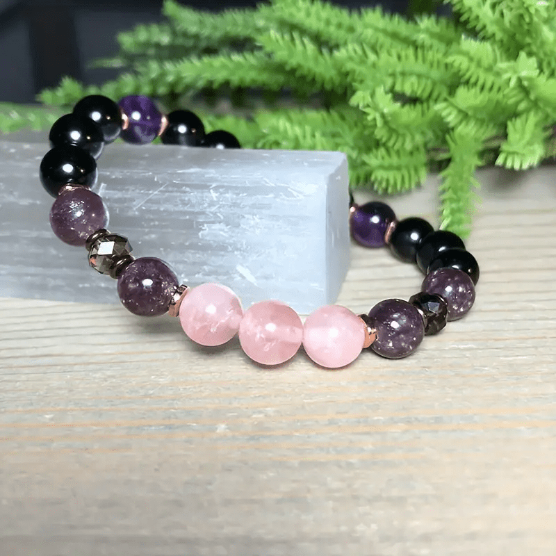 Aurora 8 mm Rose Quartz, Obsidian and Amethyst Beaded Bracelet
