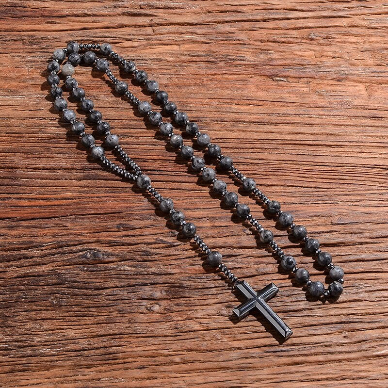 Stylish men's necklace with tiger eye and lapis lazuli cross rosary - Orion collection 
