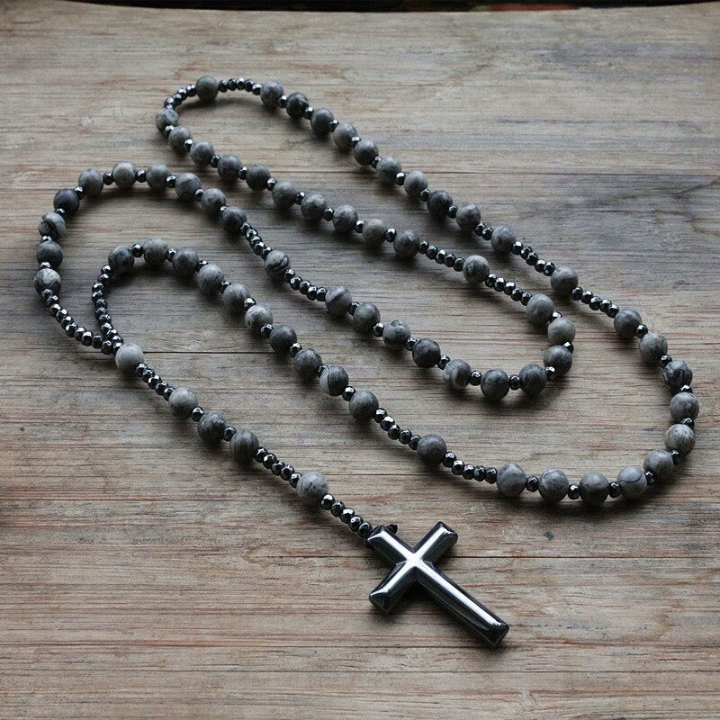 Stylish men's necklace with tiger eye and lapis lazuli cross rosary - Orion collection 