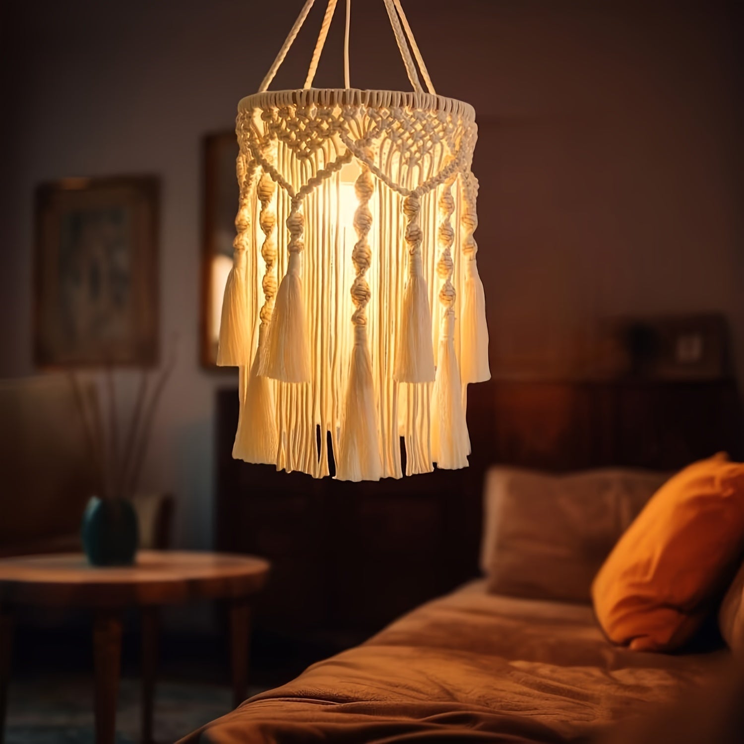 BohoTwist Pendant Lamp - Handwoven Lamp Skirt with Fringes