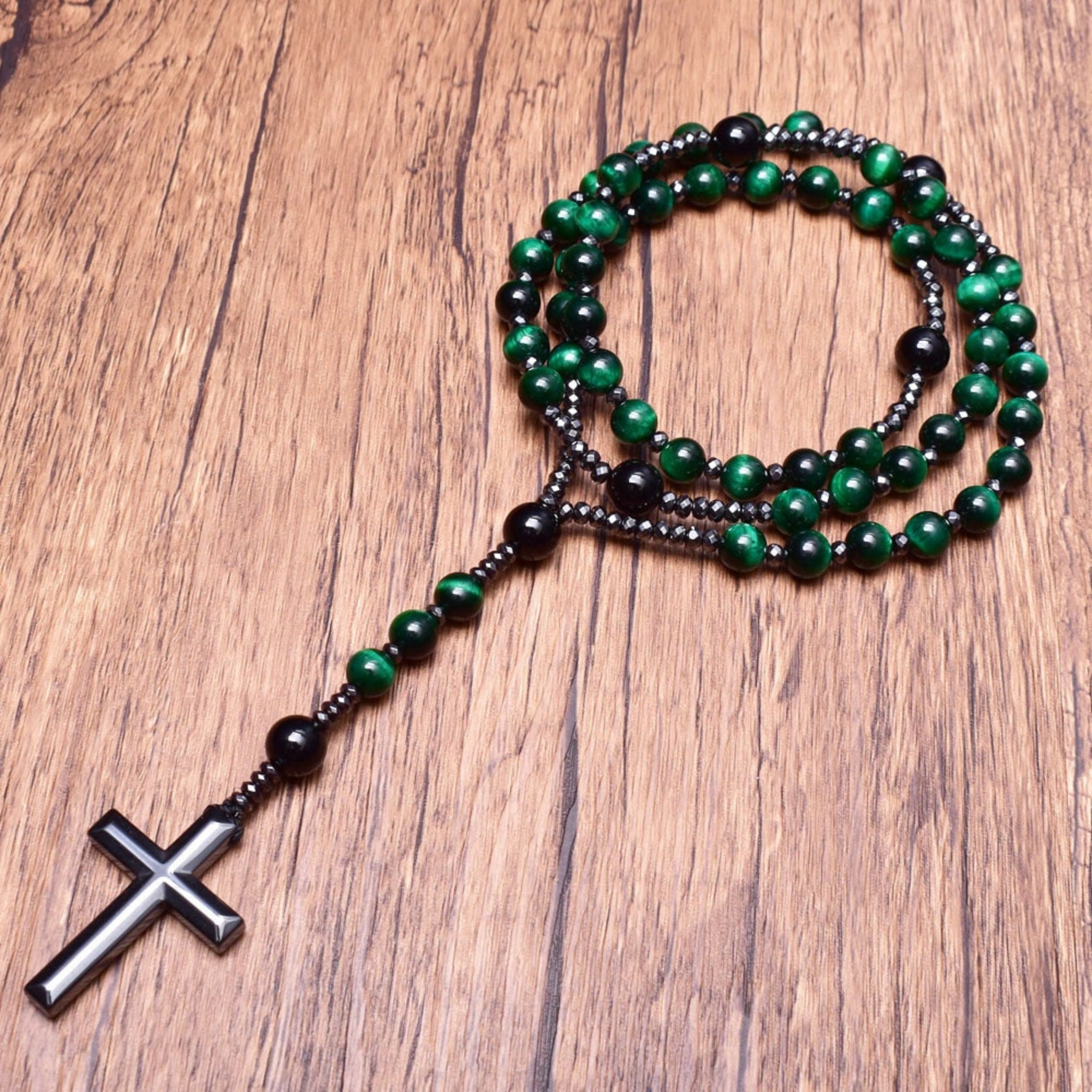 Stylish men's necklace with tiger eye and lapis lazuli cross rosary - Orion collection 