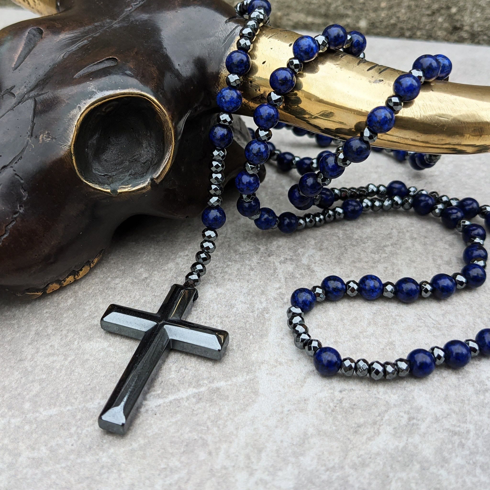 Stylish men's necklace with tiger eye and lapis lazuli cross rosary - Orion collection 