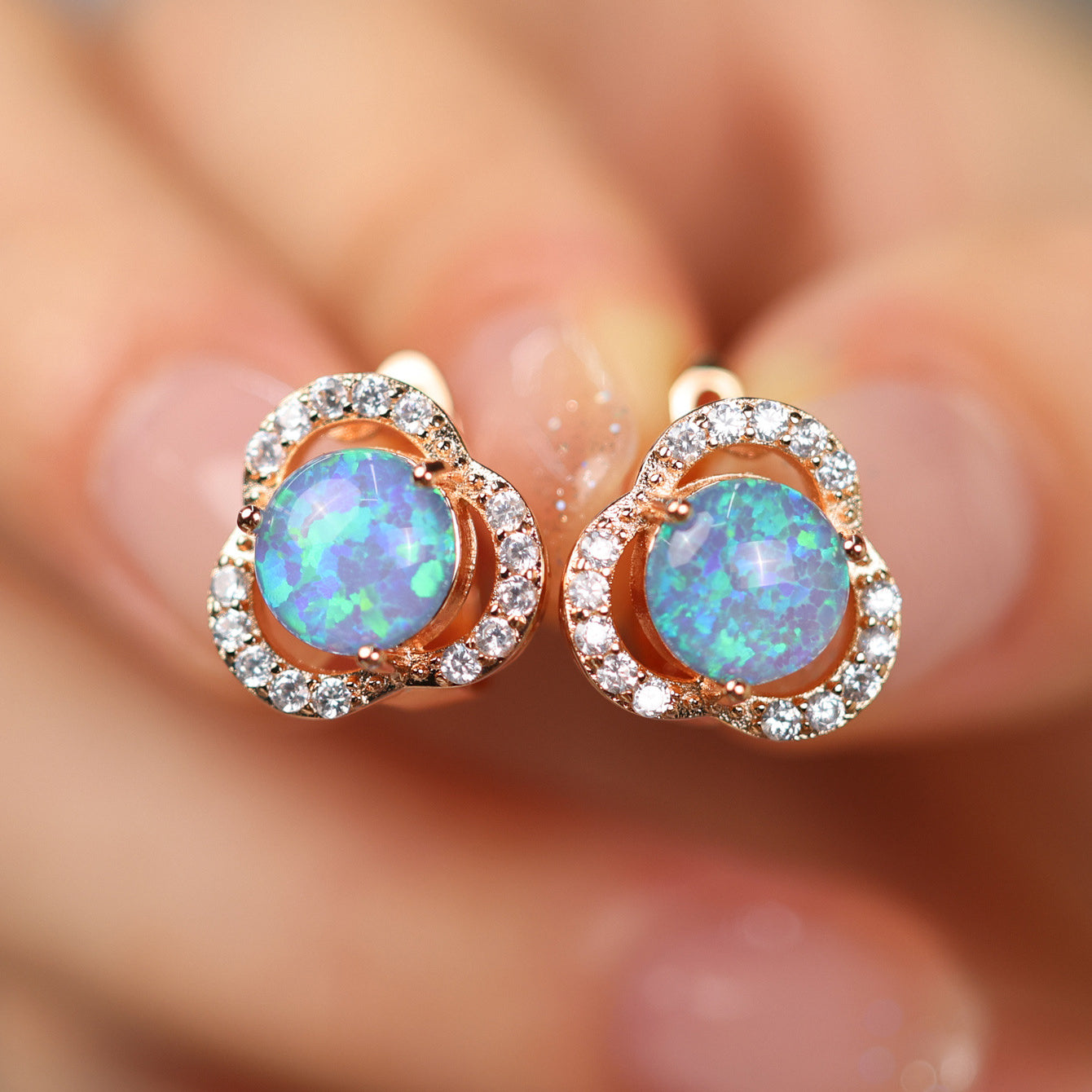 Elegant White Opal &amp; Zirconia Cloverleaf Earrings - Elara Collection