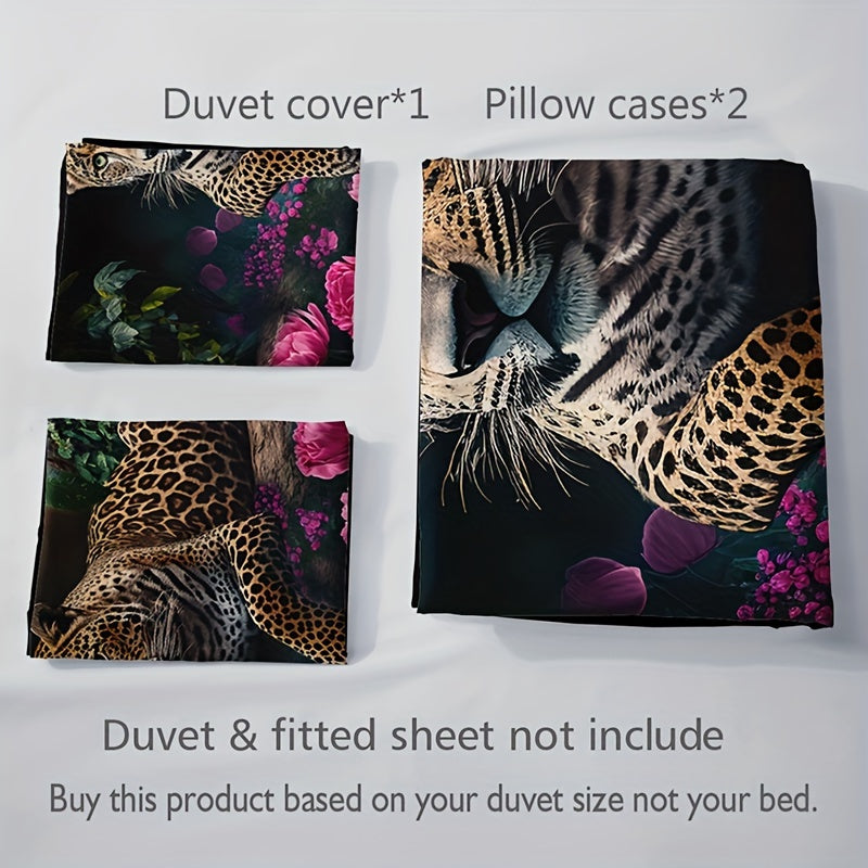 Luxurious Animal Print Bedding Set with Rose Motif - 3-Piece