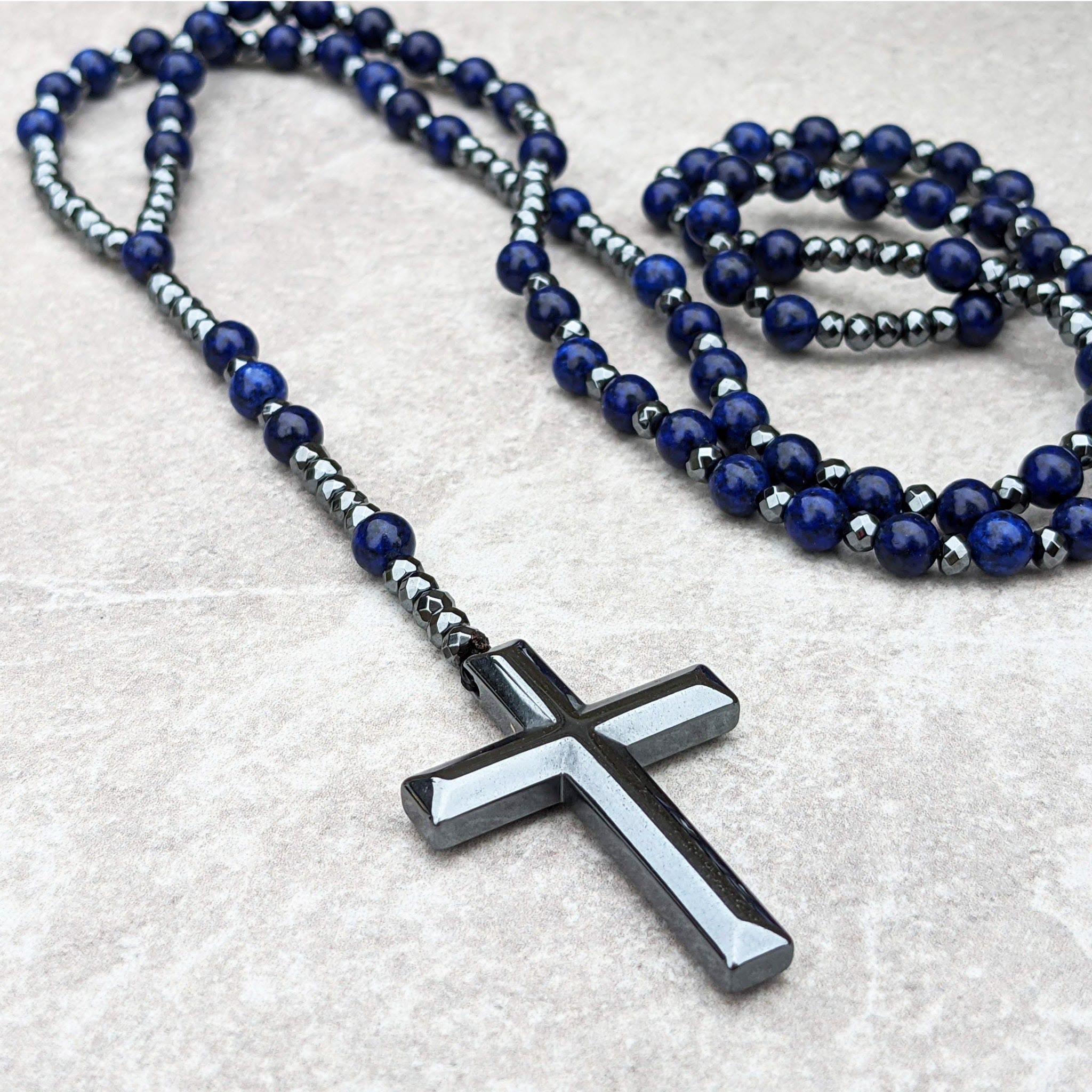Stylish men's necklace with tiger eye and lapis lazuli cross rosary - Orion collection 