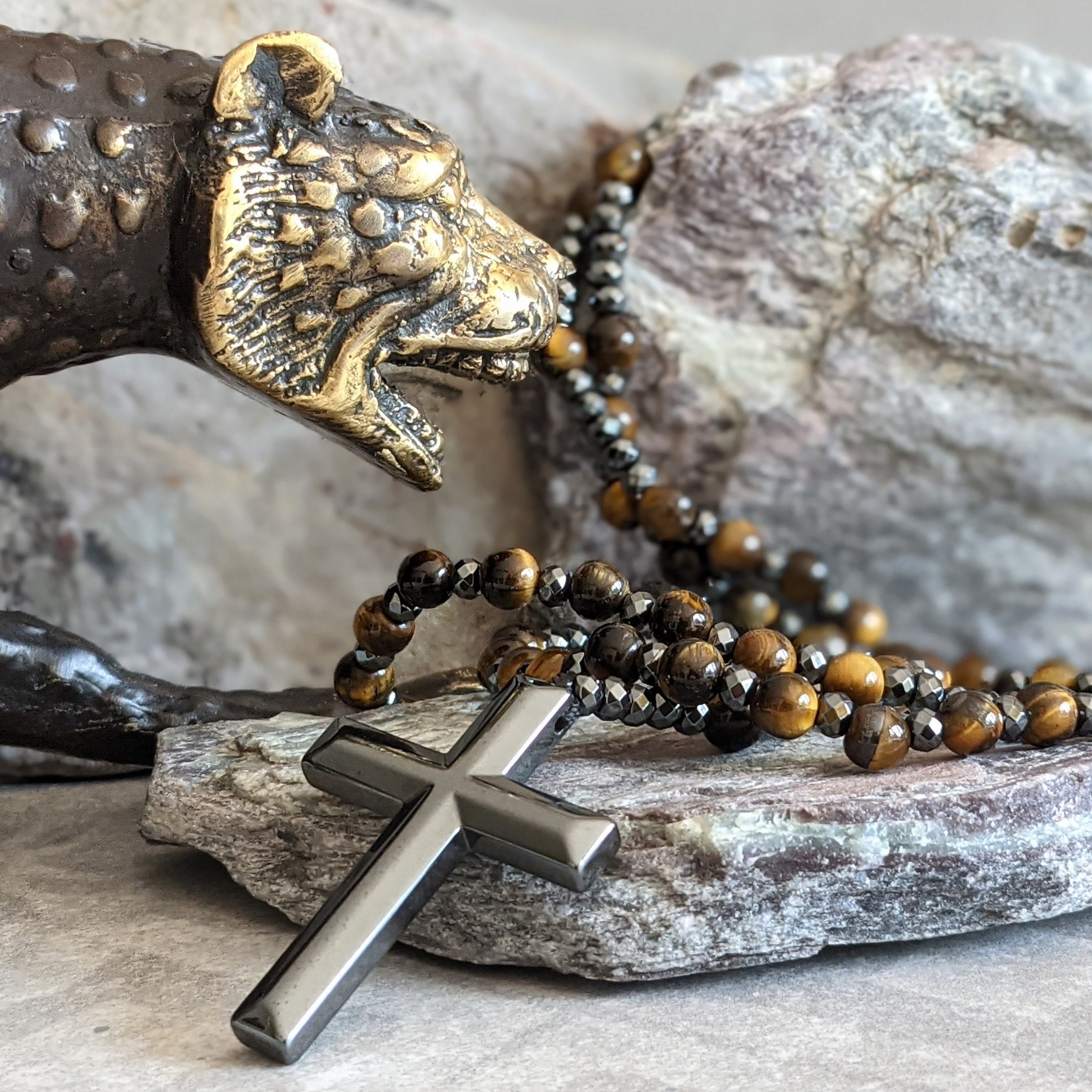 Stylish men's necklace with tiger eye and lapis lazuli cross rosary - Orion collection 