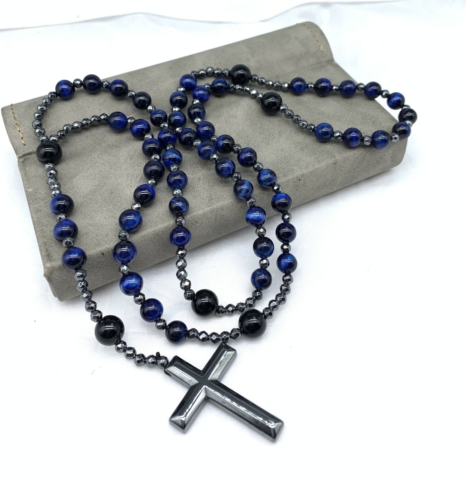 Stylish men's necklace with tiger eye and lapis lazuli cross rosary - Orion collection 