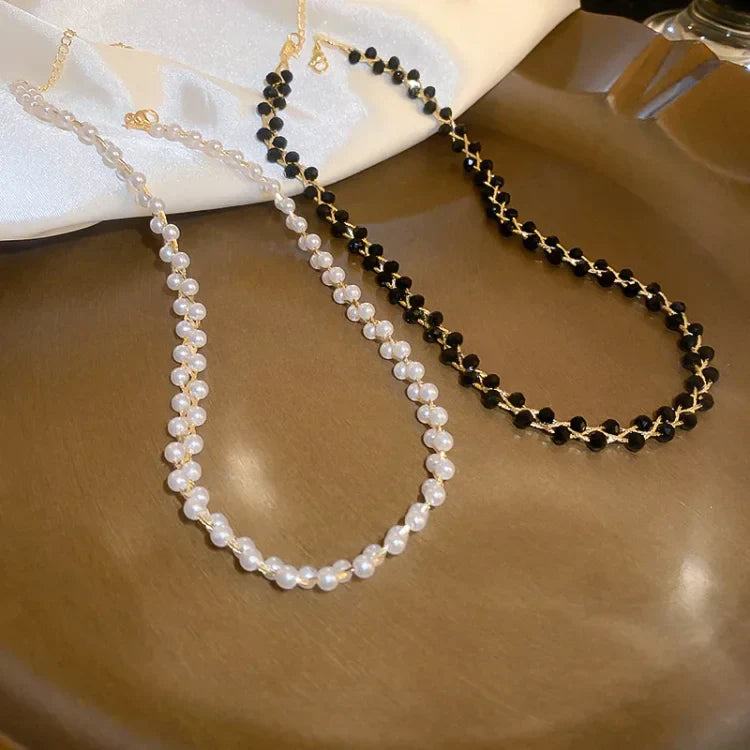 Elegant Double Necklace with Crystals and Pearls - Amira