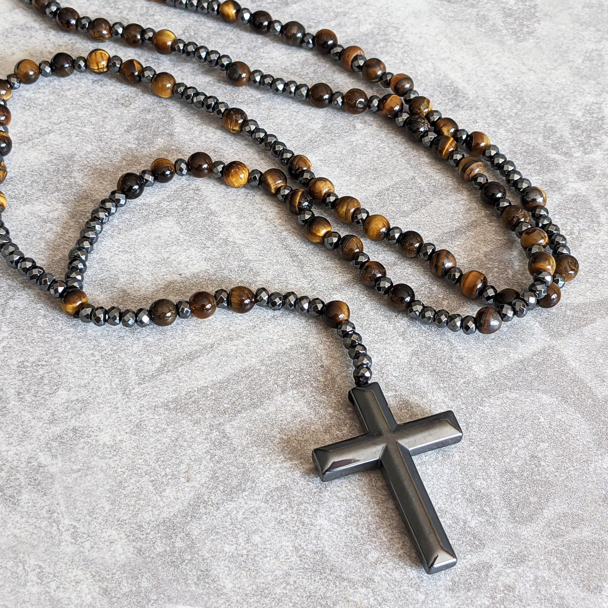 Stylish men's necklace with tiger eye and lapis lazuli cross rosary - Orion collection 