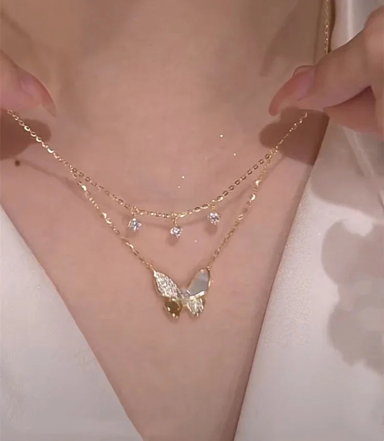 Very Elegant Double Gold Butterfly Necklace with Zirconia and Mother of Pearl - Elayna