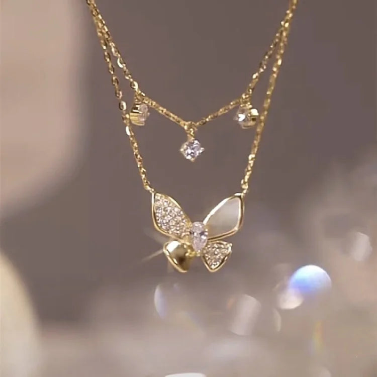 Very Elegant Double Gold Butterfly Necklace with Zirconia and Mother of Pearl - Elayna