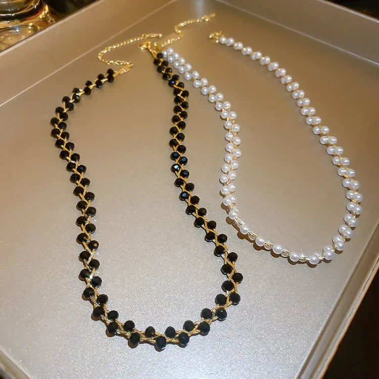 Elegant Double Necklace with Crystals and Pearls - Amira