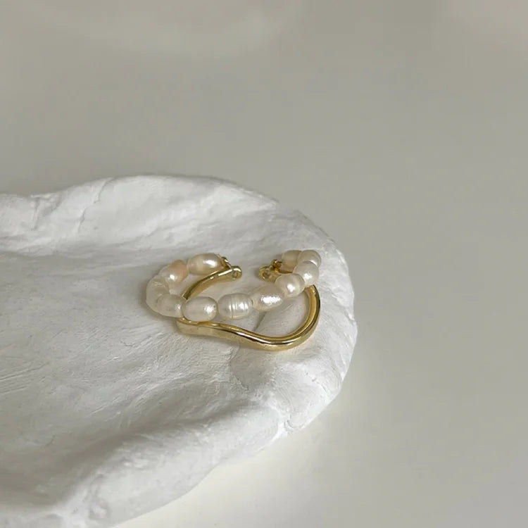 Elegant double layer gold ring with radiant freshwater pearl - Ivy