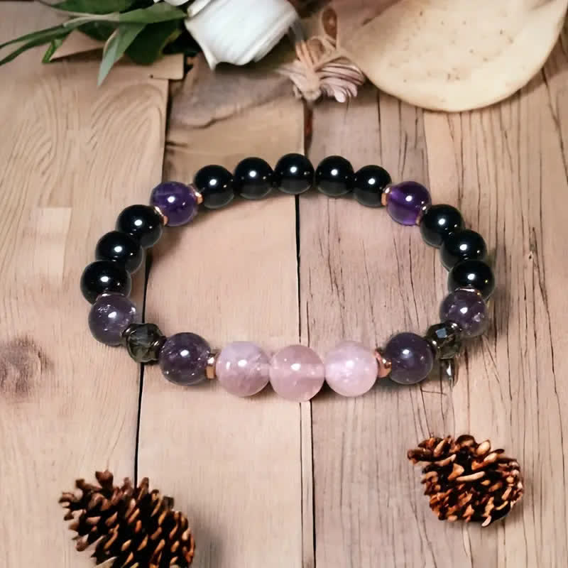 Aurora 8 mm Rose Quartz, Obsidian and Amethyst Beaded Bracelet