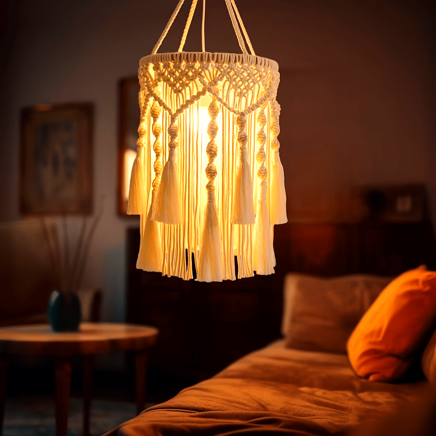 BohoTwist Pendant Lamp - Handwoven Lamp Skirt with Fringes