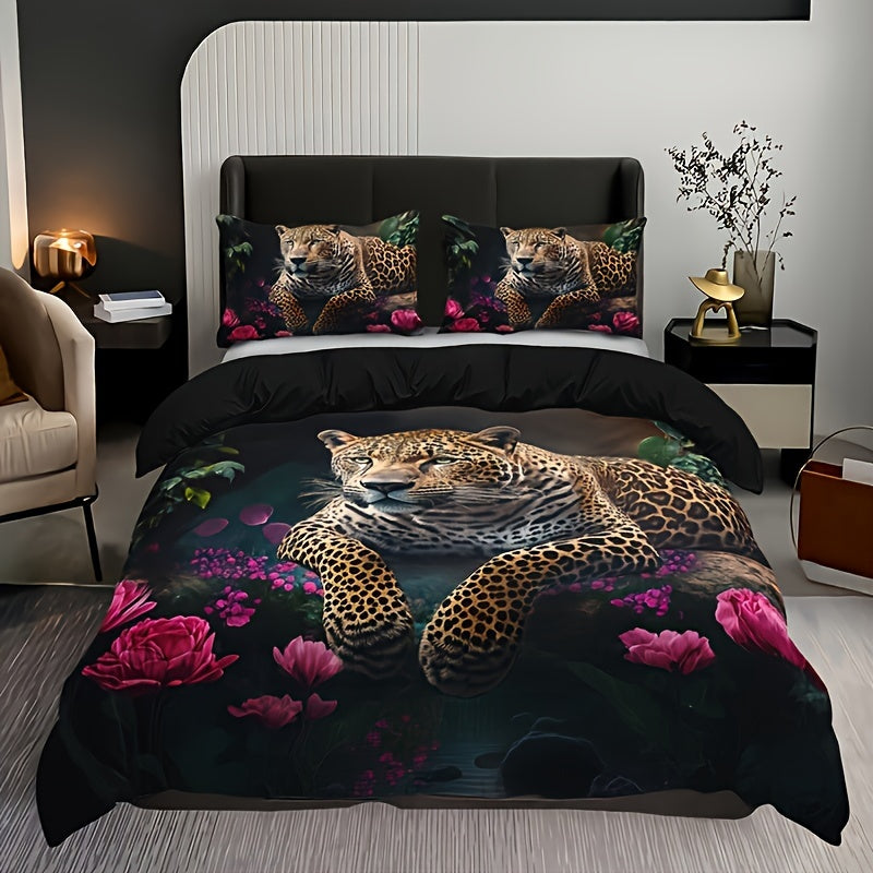 Luxurious Animal Print Bedding Set with Rose Motif - 3-Piece
