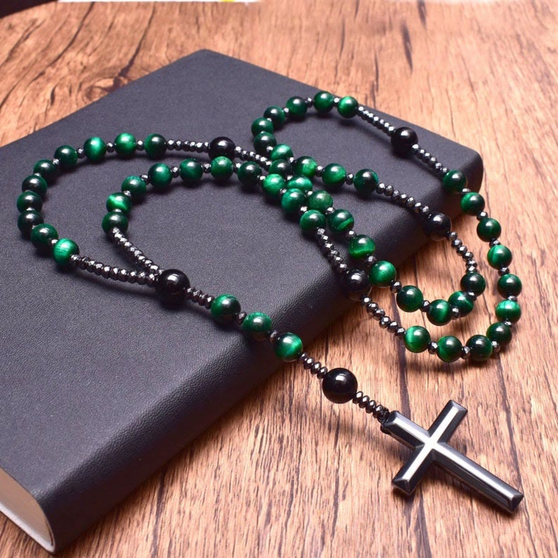 Stylish men's necklace with tiger eye and lapis lazuli cross rosary - Orion collection 