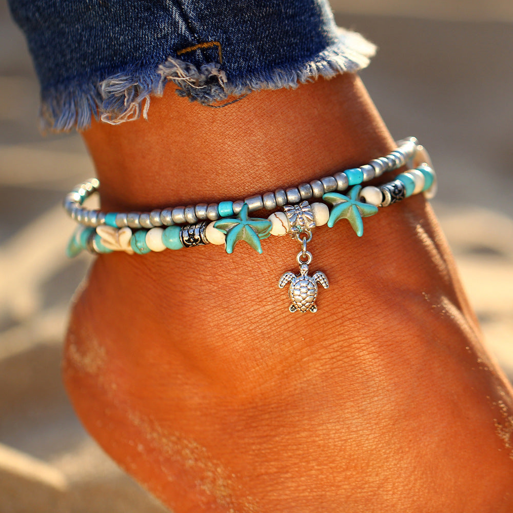 Elegant silver anklet with turtle and seashells - Calypso Collection 