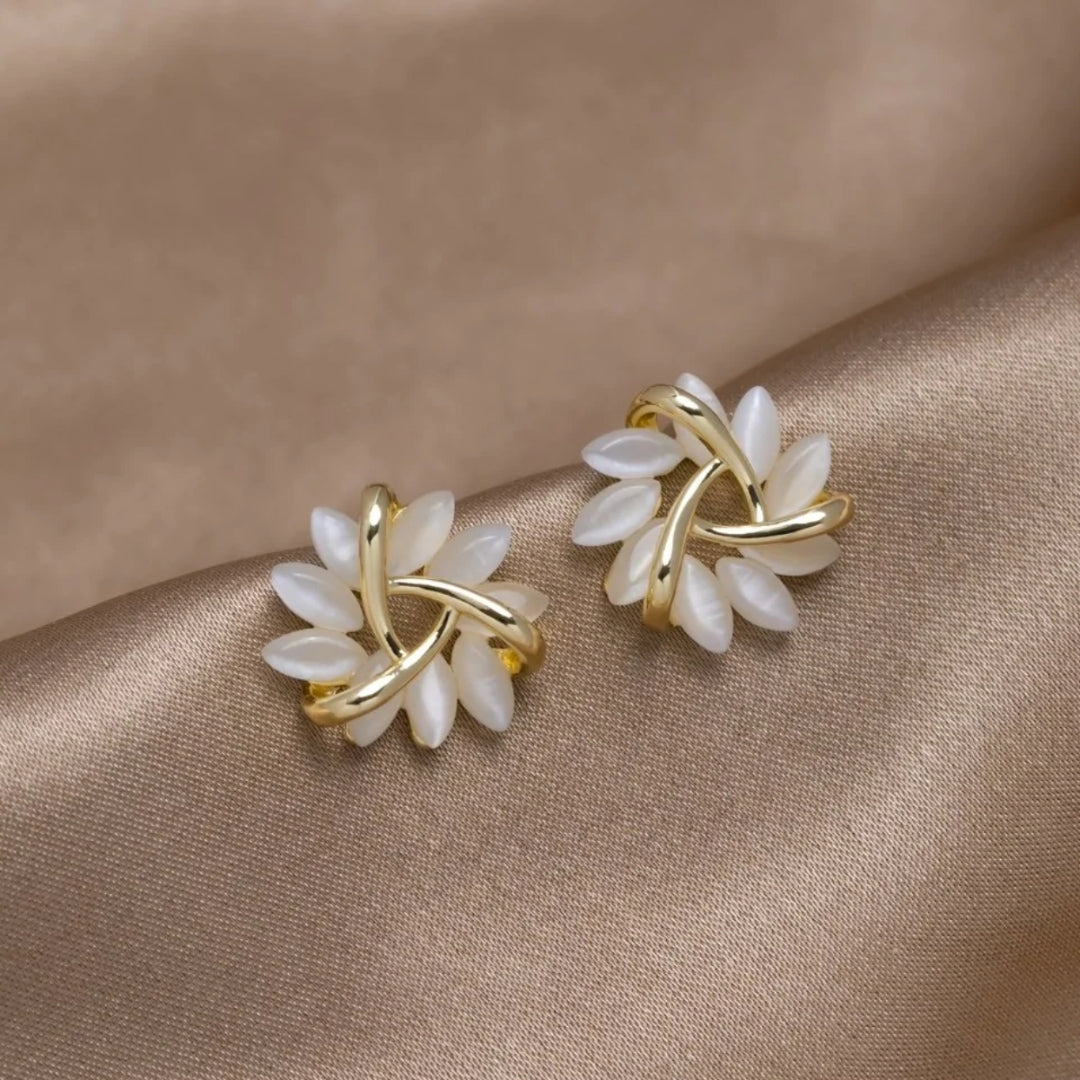 Elegant Gold Flower Earrings with Round Opals - Amara
