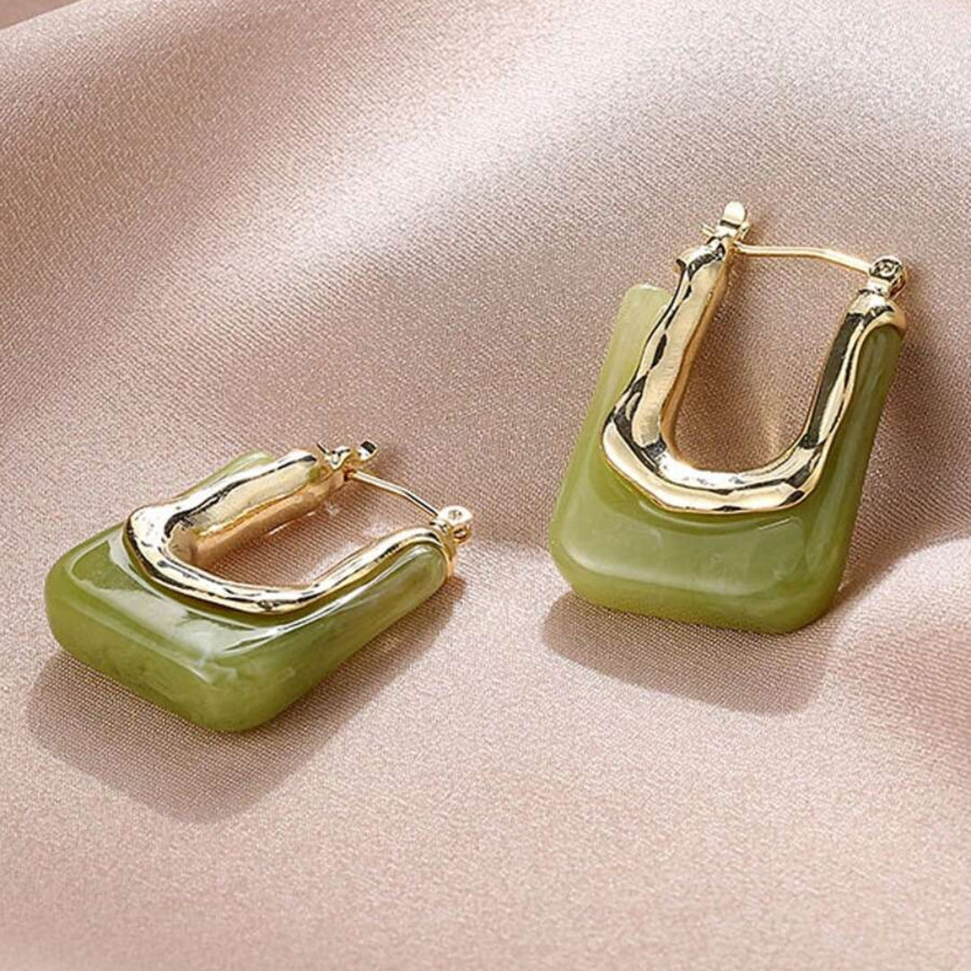 Gold Retro Earrings with Elegant Green Enamel - Celia 