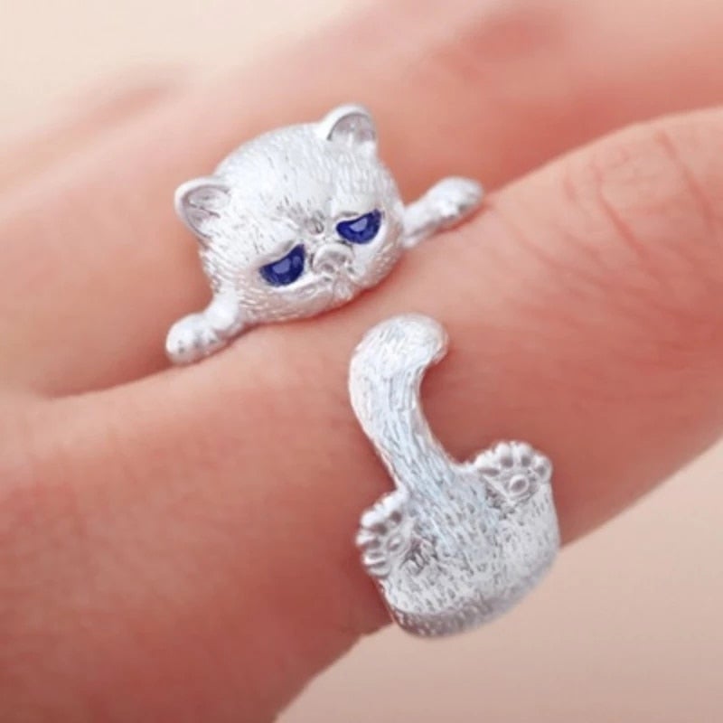 Elegant Adjustable Silver Cat Ring - Lyana 