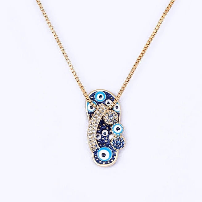 Tempting Gold Necklace with Flip Flop Pendant and Protective Evil Eye - Selma 