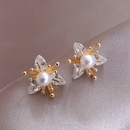 Elegant Leanne Flower Earrings with Crystal and Pearl 