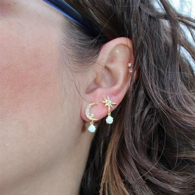 Aurora Gold Earrings with Moon, Stars and Sparkling Opal 