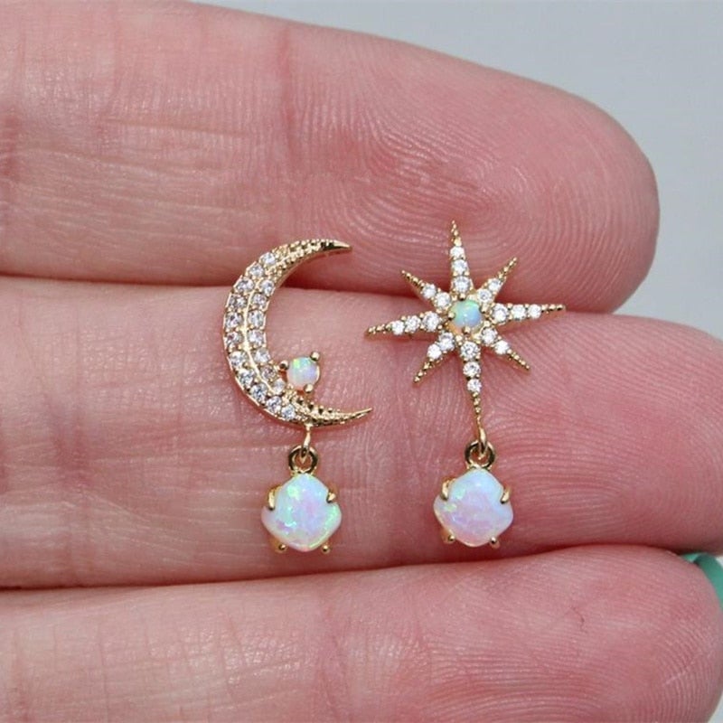 Aurora Gold Earrings with Moon, Stars and Sparkling Opal 