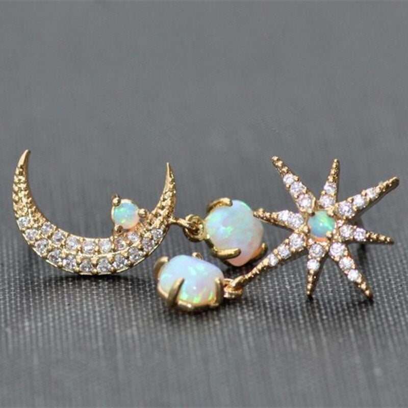Aurora Gold Earrings with Moon, Stars and Sparkling Opal 