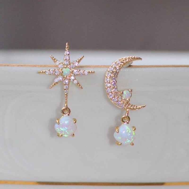 Aurora Gold Earrings with Moon, Stars and Sparkling Opal 