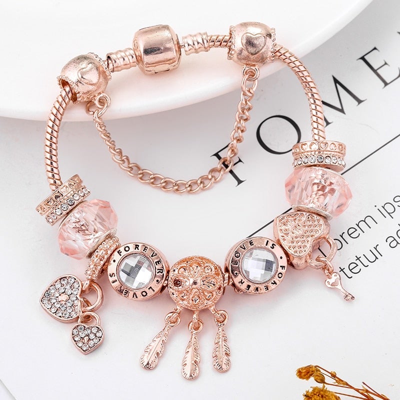 Pink Dreamcatcher Bracelet with Beautiful Sterling Silver Charms