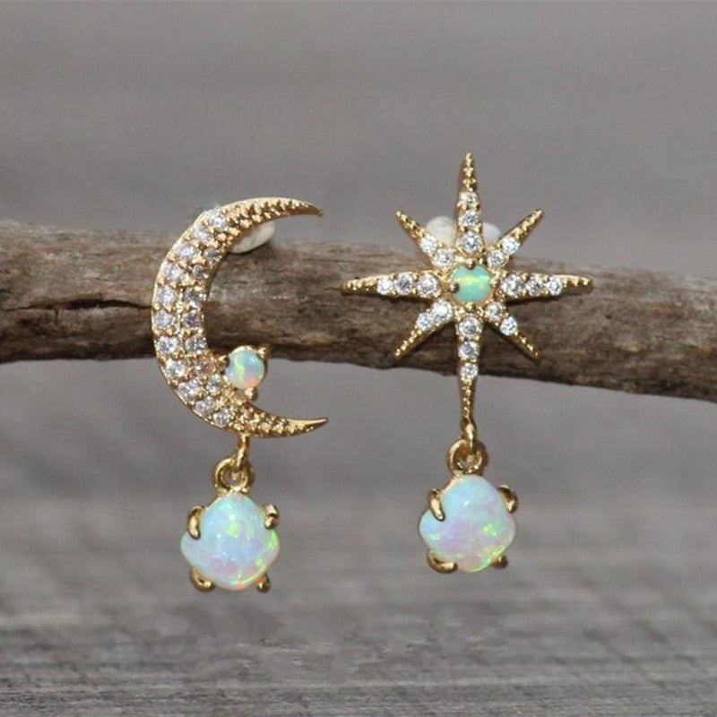 Aurora Gold Earrings with Moon, Stars and Sparkling Opal 