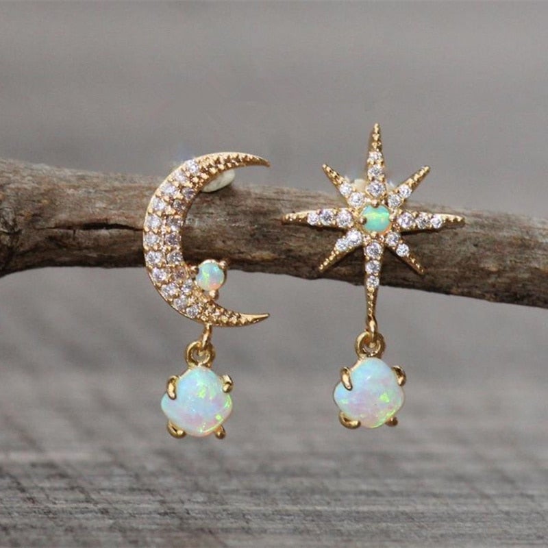 Aurora Gold Earrings with Moon, Stars and Sparkling Opal 