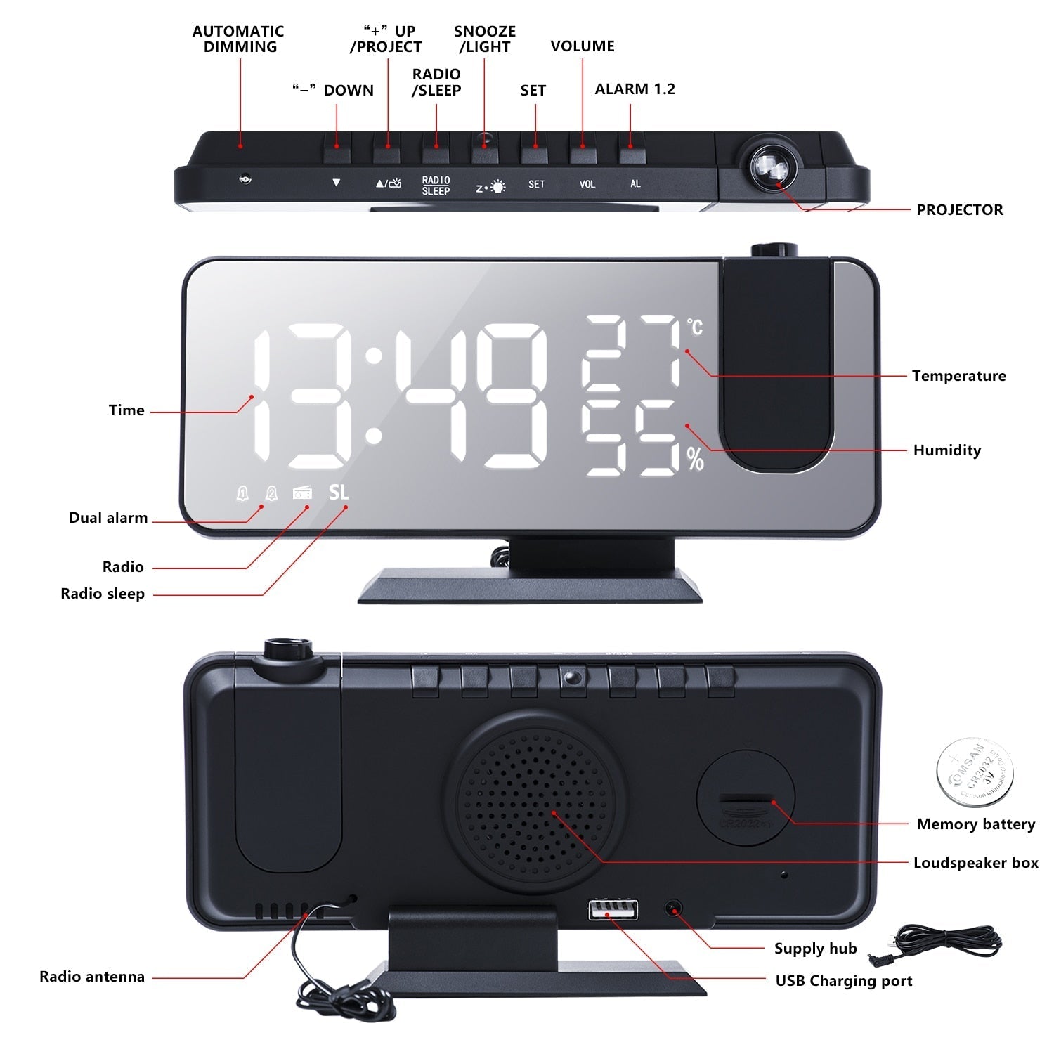 Astronatic - Innovative LED projector alarm clock with USB
