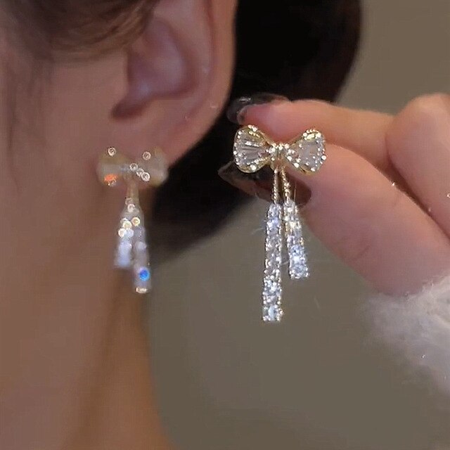 Chic Gold Tie Earrings with Stylish Zirconia - Arlette