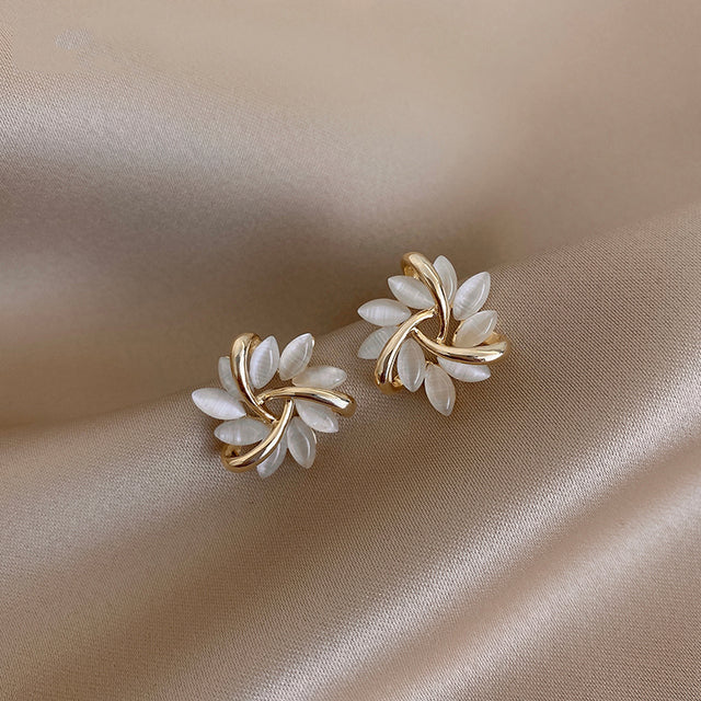Elegant Gold Flower Earrings with Round Opals - Amara