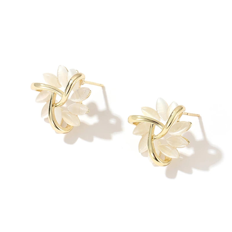 Elegant Gold Flower Earrings with Round Opals - Amara