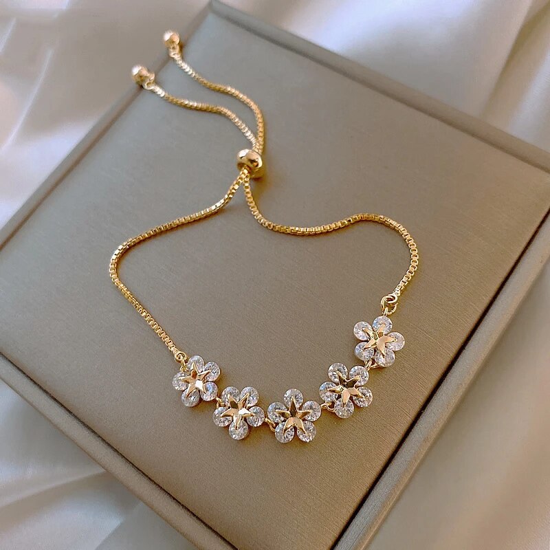 Elegant Golden Flower Bracelet with Sparkling Crystals - Rosalind