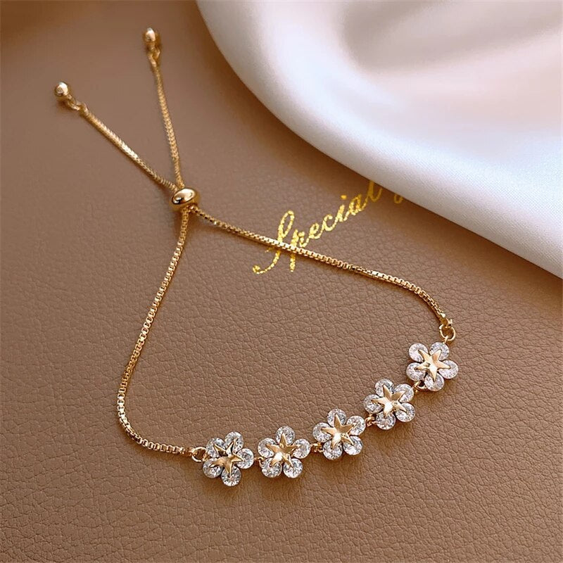 Elegant Golden Flower Bracelet with Sparkling Crystals - Rosalind