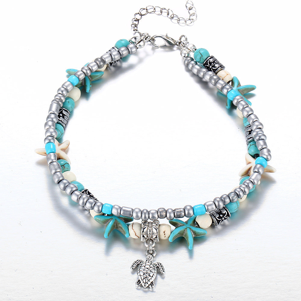 Elegant silver anklet with turtle and seashells - Calypso Collection 