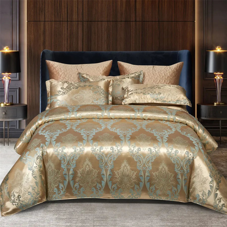 Luxurious Satin Rayon Jacquard Duvet Cover in Gold &amp; Blue