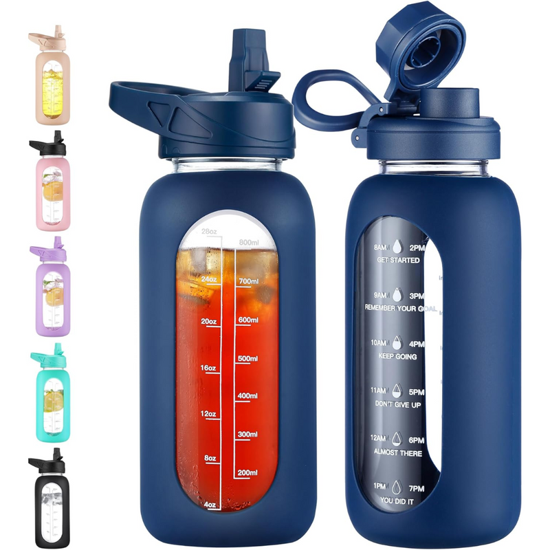 HydroGlow - Motiverande Glasvattenflaska 900ml med Sugrör