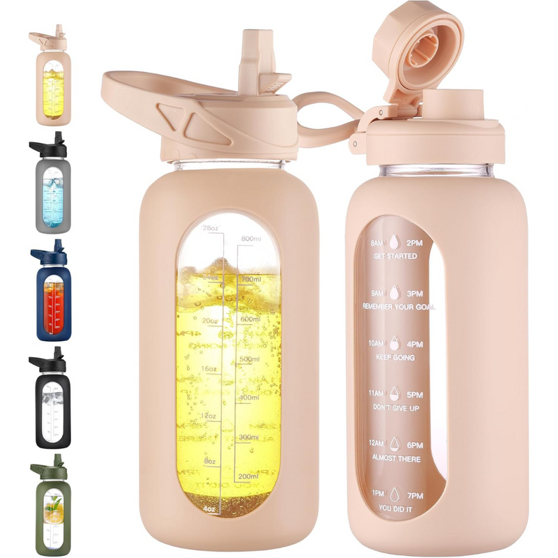 HydroGlow - Motiverande Glasvattenflaska 900ml med Sugrör